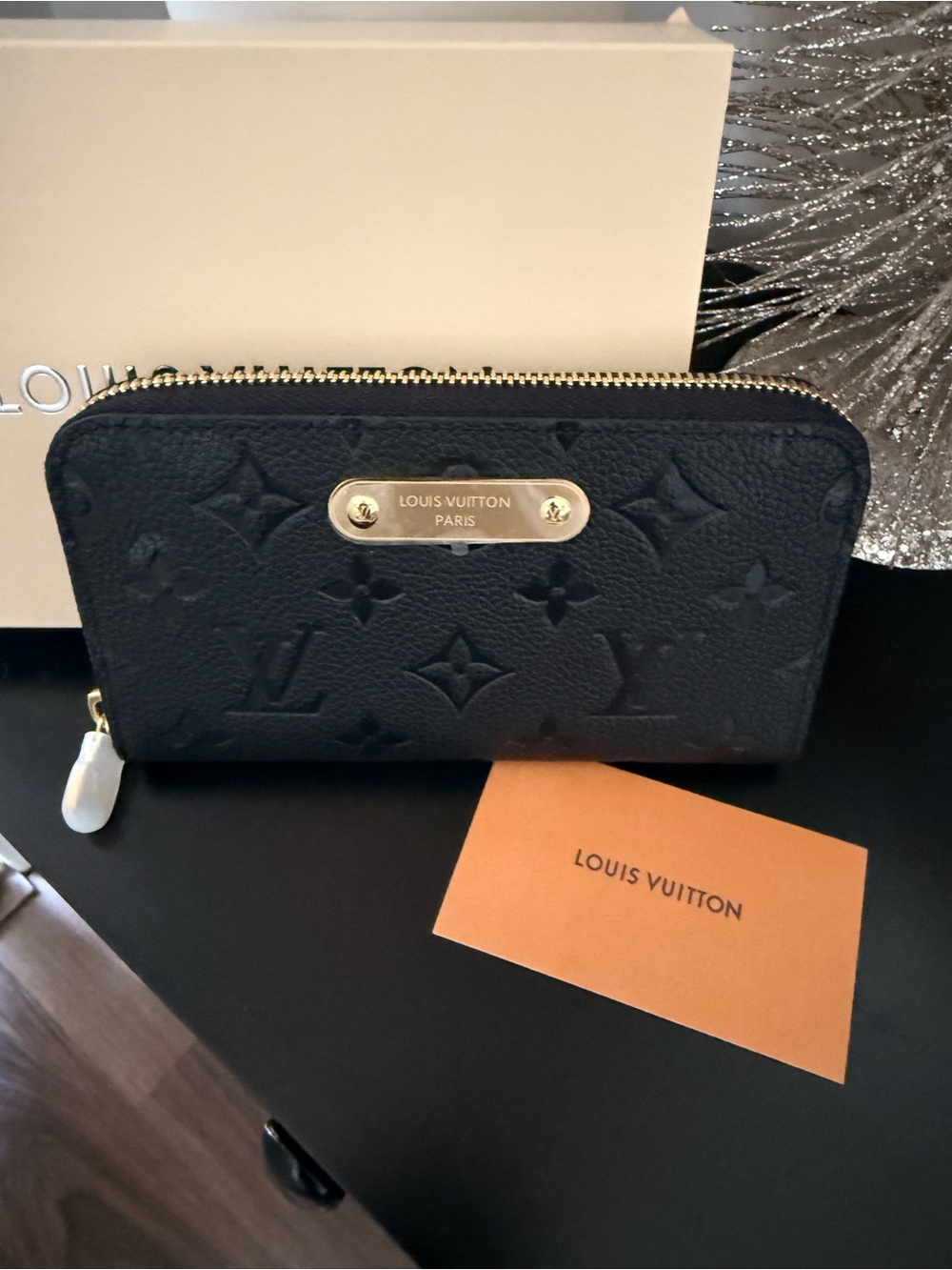 Black Embossed Monogram Zip Around Wallet with Gold Plate